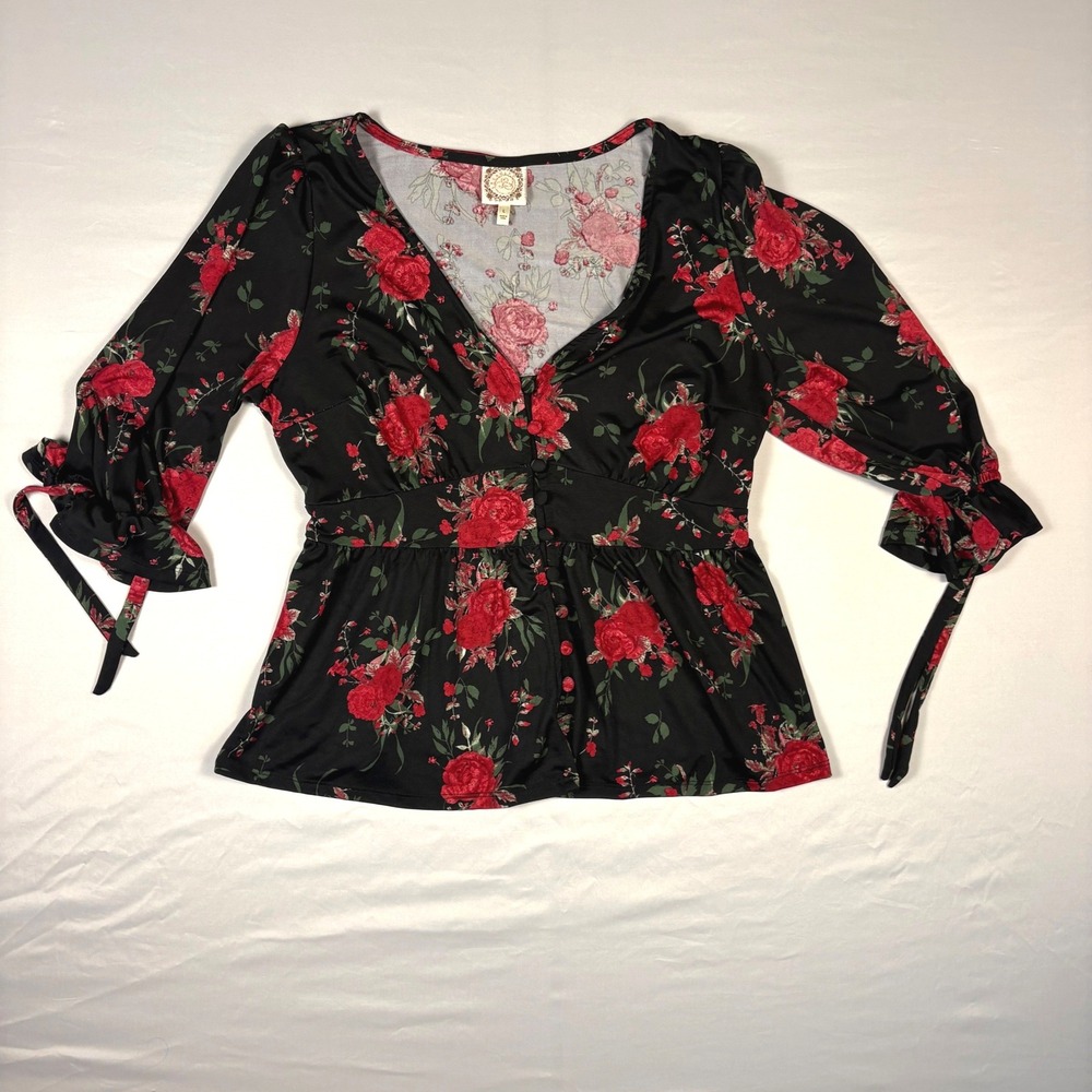 Rousseau Women Red Rose Floral Peplum Top V-Neck Button Front Tie Sleeve Large - Picture 2 of 9
